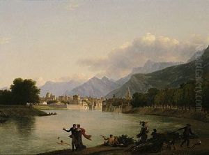 An Alpine Landscape With A View Of A Lake And Figures Bathing, Resting And Promenading, A Town Beyond