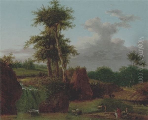 A Wooded Landscape With An Artist Sketching At The Base Of A Waterfall, Animals Drinking In A Pool Nearby by Jean Joseph Xavier Bidault