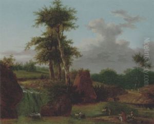 A Wooded Landscape With An Artist Sketching At The Base Of A Waterfall, Animals Drinking In A Pool Nearby by Jean Joseph Xavier Bidault