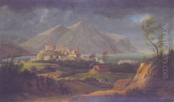 An Italianate Coastal Landscape With A Horseman And A Shepherd And His Flock On A Track, A Town Beyond by Jean Joseph Xavier Bidault