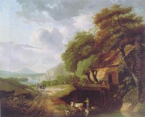 A Wooded Landscape With A Peasant Watering His Livestock Outside A Cottage In The Foreground, A Traveller On A Path, A Lake And Mountains Beyond by Jean Joseph Xavier Bidault