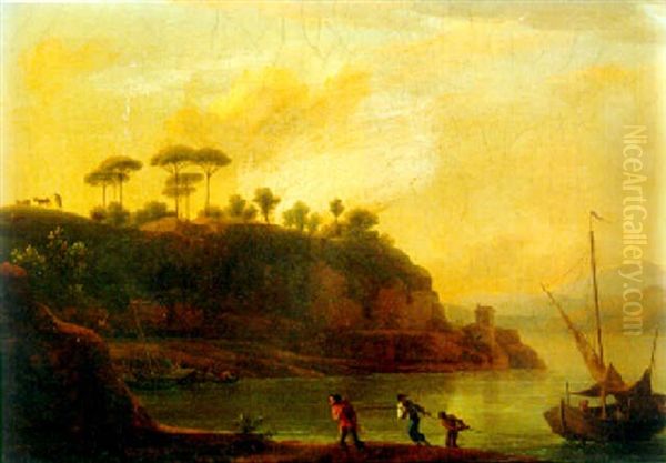 Fishermen Towing A Boat On The River Tiber At Sunset - view 1