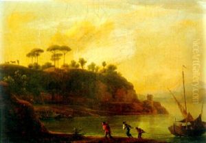 Fishermen Towing A Boat On The River Tiber At Sunset by Jean Joseph Xavier Bidault