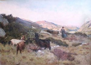 Paysage Anime D'une Bergere Au Paturage Le Soir by Walter Biddlecombe