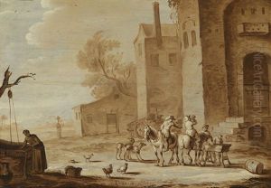 Jagdgesellschaft Vor Einem Gebaude by Cornelis de Bie