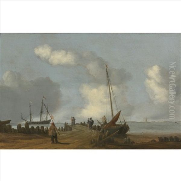 A Coastal Landscape With Figures On A Jetty, A Sailing Boat Moored To Its Right - view 1