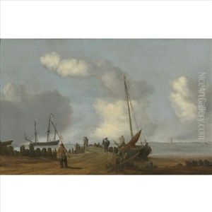 A Coastal Landscape With Figures On A Jetty, A Sailing Boat Moored To Its Right