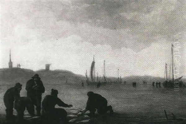 A Beach Scene With Fishermen Handling Their Nets - view 1