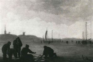 A Beach Scene With Fishermen Handling Their Nets