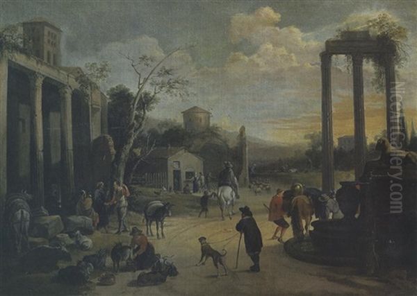 Paysans Et Cavaliers Dans Un Paysage De Ruines - view 1