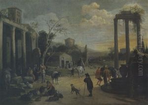 Paysans Et Cavaliers Dans Un Paysage De Ruines by Erasmus de Bie