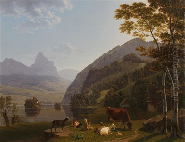 Lauerzersee Mit Hirten Im Vordergrund / Lake Lauerz With Shepherds In The Front - view 1