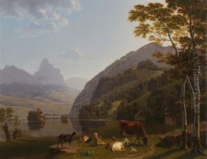 Lauerzersee Mit Hirten Im Vordergrund / Lake Lauerz With Shepherds In The Front by Johann Jakob Biedermann