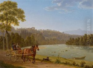 View Of Schloss Oetlishausen With Travellers In A Carriage Along The Thur by Johann Jakob Biedermann