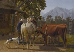 Pferd Und Ochse Am Brunnen, Im Hintergrund Der Niesen by Johann Jakob Biedermann