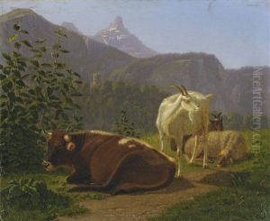 Tiere Vor Berglandschaft by Johann Jakob Biedermann
