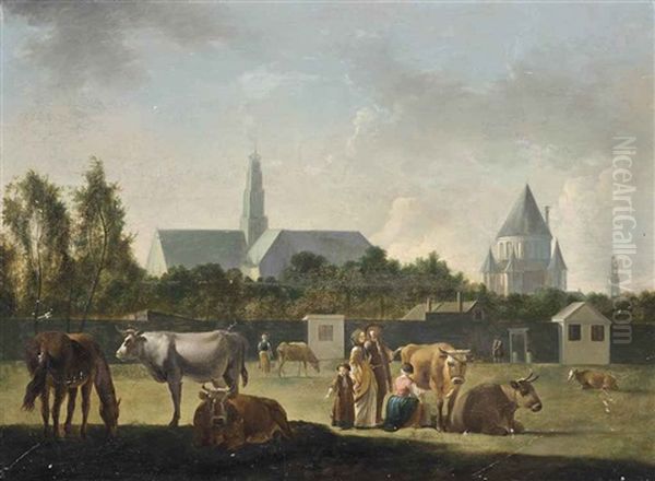 A Townscape With A Shepherdess And Her Cattle, A Church Beyond - view 1