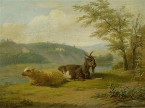Ein Schaf Und Eine Ziege Vor Einer Weiten Landschaft by Johann Jakob Biedermann