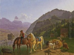 Reiter Mit Zwei Pferden Und Herde (rider With Two Horses And Herd) by Johann Jakob Biedermann