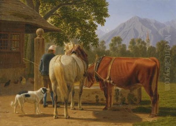 Ein Pferd Und Eine Kuh Am Brunnen, Im Hintergrund Der Niesen (a Horse And Cow At A Well, In The Background Mountain Peak Niesen) - view 1