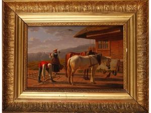 A Woman And A Man With Two Horses Beside A Dwelling With A Mountain Landscape And Church Beyond by Johann Jakob Biedermann