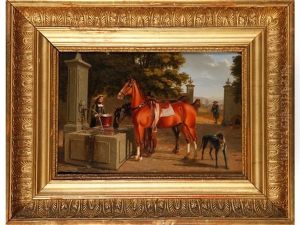 A Woman Beside A Water Fountain With Two Horses, A Gateway And Landscape Beyond