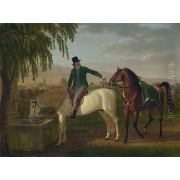 Reiter Und Pferd Am Brunnen Mit Blick Auf Zurich Und Uetliberg (man On Horseback At Fountain With View Over Zurich And The Uetliberg) - view 1