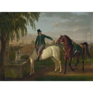 Reiter Und Pferd Am Brunnen Mit Blick Auf Zurich Und Uetliberg (man On Horseback At Fountain With View Over Zurich And The Uetliberg) by Johann Jakob Biedermann