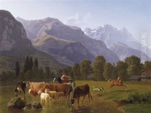 Blick Von Oberhalb Schattdorf (kt. Uri) Richtung Uri-rotstock Mit Kirchspitze Der Stiftskirche Schattdorf