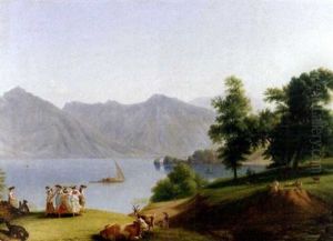 Vue D'un Lac De Montagne Anime De Bergers Et De Danseuses