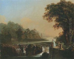A River Landscape With A Young Girl Standing On A Terrace Overlooking A Waterfall by Johann Jakob Biedermann