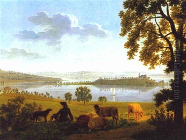 Schafer Mit Herde Und Hund Am Bodensee Vor Der Insel Mainau - view 1