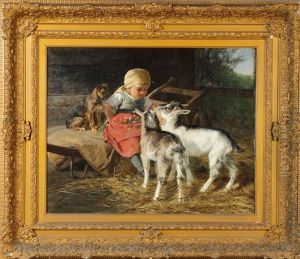 Young Girl With Dog And Goats by Hermine Biedermann-Arendts
