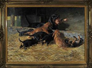 Eine Dackelmutter Bringt Ihren Welpen Einen Knochen In Den Mit Stroh Ausgelegten Stall by Hermine Biedermann-Arendts