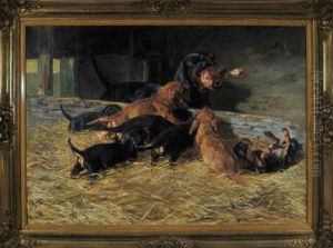 Eine Dackelmutter Bringt Ihren Welpen Einen Knochen In Den Mit Stroh Belegten Stall by Hermine Biedermann-Arendts