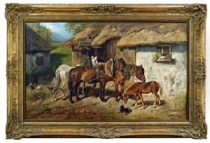 Angeschirrte Pferde Am Stallgebaude by Hermine Biedermann-Arendts