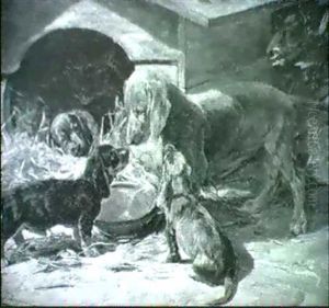 Dackelhundin Mit Jungen Am Futternapf Vor Der Hundehutte by Hermine Biedermann-Arendts