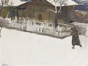 Paysage D'hiver Devant Un Mazot by Ernest Bieler