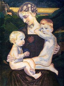 Mutter Mit Zwei Kindern, Vor Einer Gebirgslandschaft Sitzend by Carry van Biema