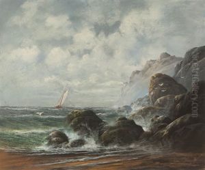 Rocky Coastal With Sailboat by Albert Bierstadt