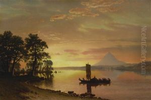 Indians Crossing The Columbia River (indians On The Columbia River, With Mount Hood In The Distance) by Albert Bierstadt