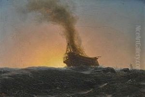 Burning Ship On High Seas by Albert Bierstadt