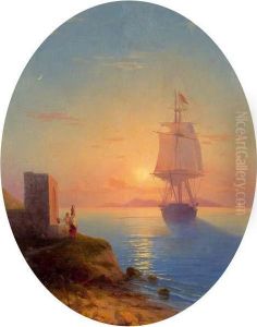 Large Sailing Ship Before The Coast At Sunset by Ivan Konstantinovich Aivazovsky