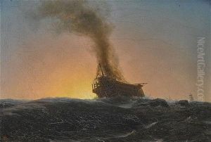 Brennendes Schiff Auf Hoher See by Albert Bierstadt