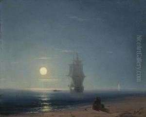 Schiffe Am Strand Im Mondschein. 1857. by Ivan Konstantinovich Aivazovsky