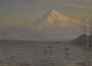 View Of Mount Rainier With Fishermen by Albert Bierstadt