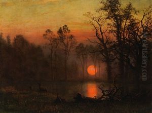 Sunset Over The Plains; Or Deer In A Sunset Landscape by Albert Bierstadt