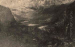 Grand Western Landscape With Waterfall, Covered Wagon And Figures by Albert Bierstadt