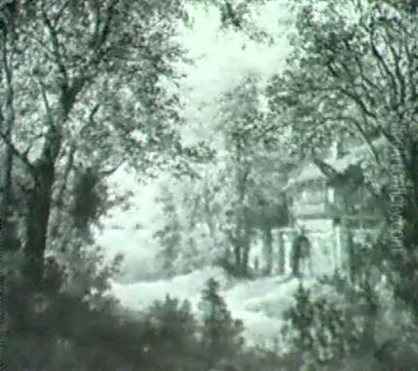 Figure Standing By A Rustic Cottage In A Forest - view 1