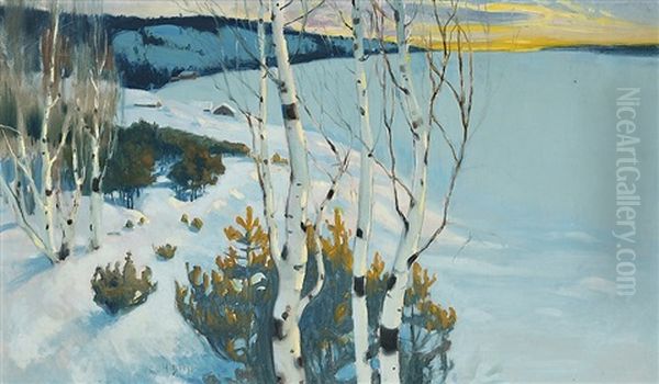 Snow-covered Village By The Lake - view 1